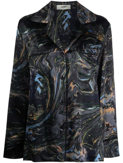 Shop Fendi Swirl-print Silk Shirt In Blue