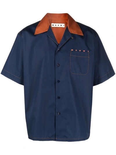 Shop Marni Logo-print Cuban-collar Shirt In Blue