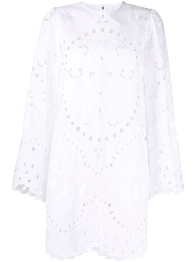 Shop Dolce & Gabbana Eyelet Long-sleeve Cotton Mini Dress In White