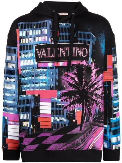 Shop Valentino Electric City-print Hoodie In Black