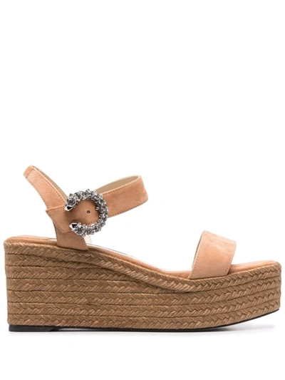 Shop Jimmy Choo Suede Wedge Sandals In Neutrals