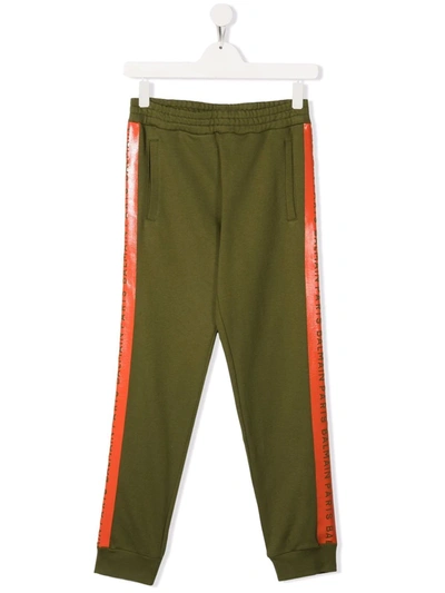 Shop Balmain Teen Side Logo Stripe Track Pants In Green