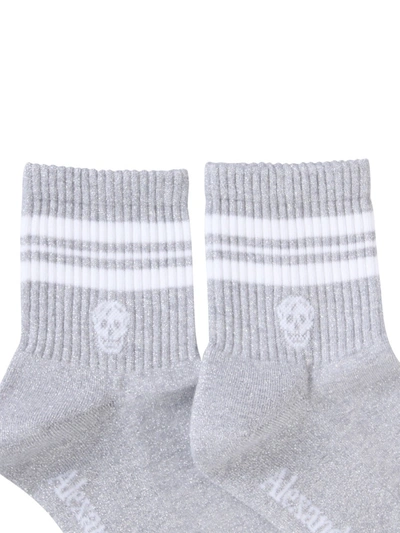 Shop Alexander Mcqueen Socks With Sporty Stripes And Skull In Silver