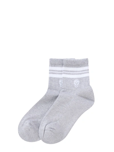 Shop Alexander Mcqueen Socks With Sporty Stripes And Skull In Silver