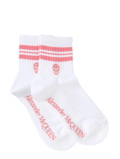 Shop Alexander Mcqueen Socks With Sporty Stripes And Skull In White