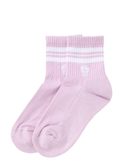 Shop Alexander Mcqueen Socks With Sporty Stripes And Skull In Pink