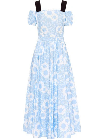 Shop Prada Floral-print Off-shoulder Cotton Dress In Blau