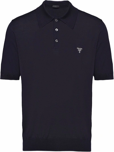 Shop Prada Logo-embroidered Wool Polo Shirt In Blau