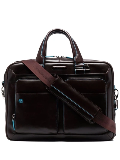 Piquadro Contrast-stitching Work Bag In Braun
