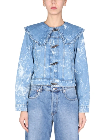 Shop Ganni Peter Pan Ruffle Jacket With Collar In Blue