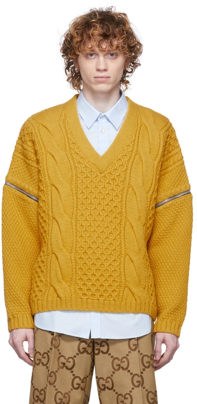 Shop Gucci Yellow Cable Knit V-neck Sweater In 7325 Zest