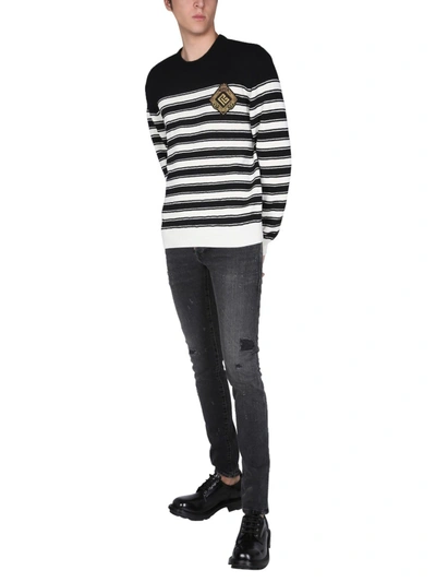 Balmain Striped Knit Wool Blend Sweater W/ Badge In Multicolour