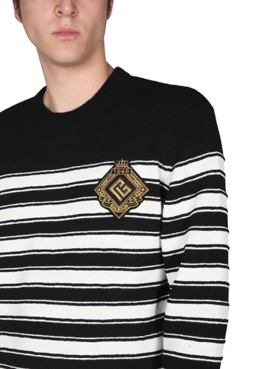 Balmain Striped Knit Wool Blend Sweater W/ Badge In Multicolour