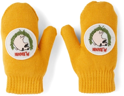 Shop Mini Rodini Kids Yellow Knit Polar Bear Gloves
