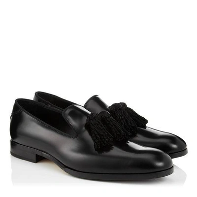 Shop Jimmy Choo Foxley Black Shiny Calf And Satin Loafers