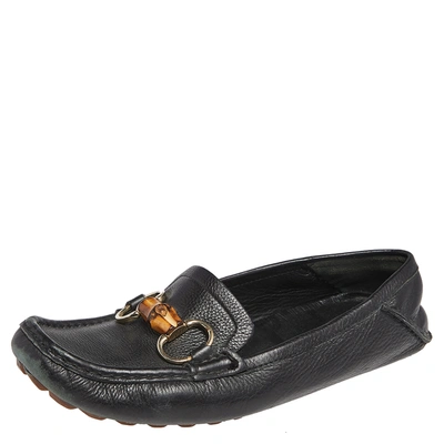 Pre-owned Gucci Black Leather Bamboo Horsebit Driving Loafers Size 38