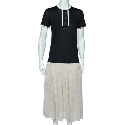 Pre-owned Ch Carolina Herrera Black & Beige Cotton & Silk Plisse Detail Midi Dress Xs