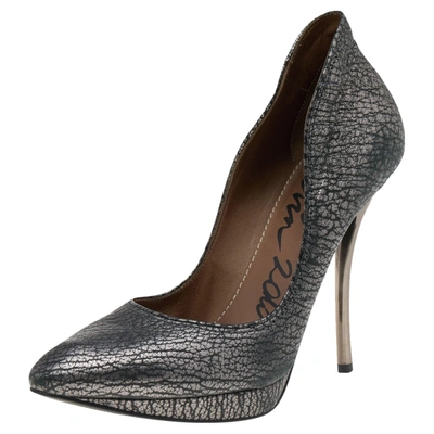 Pre-owned Lanvin Metallic Silver Leather Pointed Toe Platform Pumps Size 37