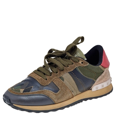 Pre-owned Valentino Garavani Multicolor Camouflage Suede And Leather Rockrunner Sneakers Size 36