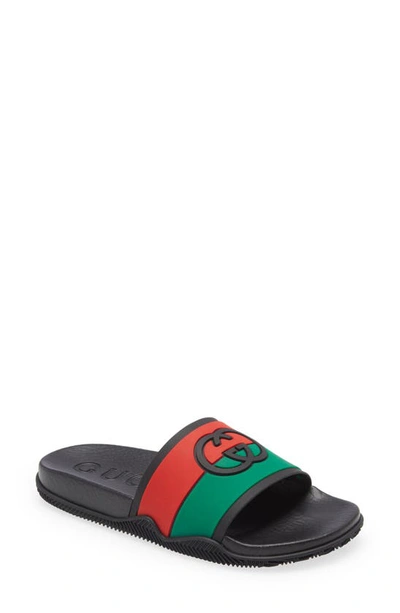 Shop Gucci Pursuit Gg Logo Slide Sandal In Misc. Black