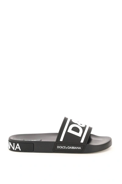 Shop Dolce & Gabbana Logo Rubber Sliders In Nero Bianco (black)