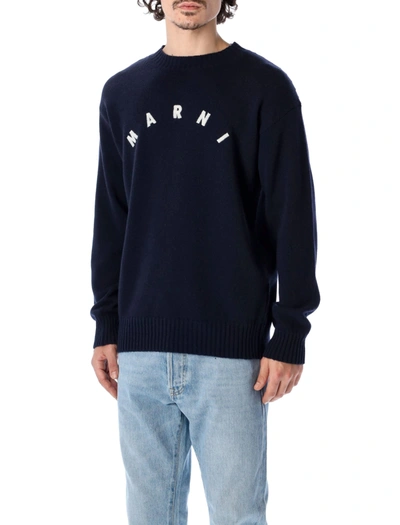 Shop Marni Embroidered Logo Sweater In Blue Black