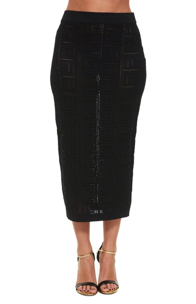 Shop Balmain High Waist Perforated Monogram Midi Skirt In Black