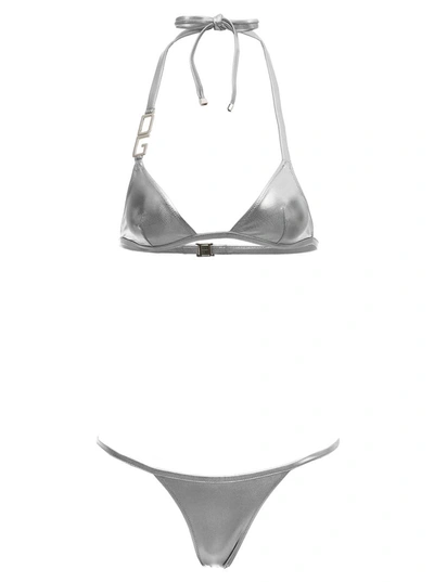 Shop Dolce & Gabbana Logo Plaque Halterneck Bikini Set In Silver