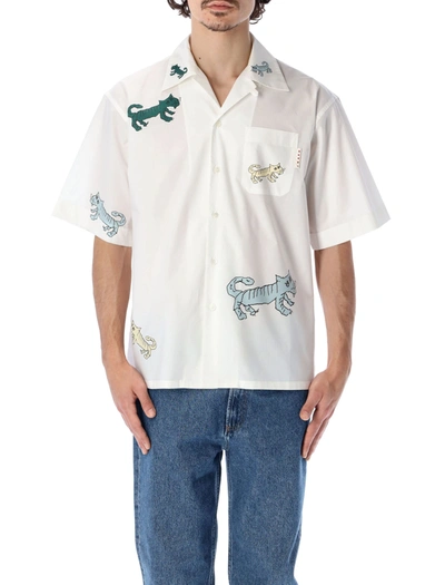 Shop Marni Tiger Graphic Printed Bowling Shirt In White