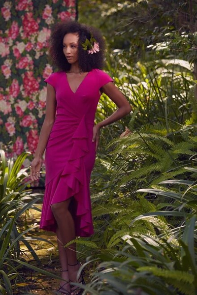 Tadashi Shoji Cap Sleeve Side Ruffle Crepe Dress In Pink | ModeSens