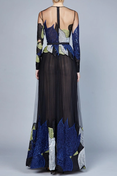 Shop Elie Saab Yarn Embroidered Long Sleeve Gown