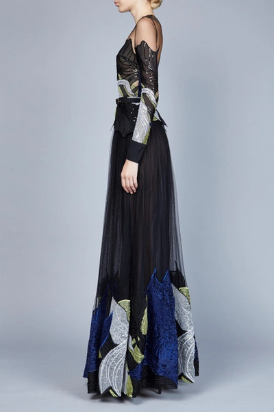 Shop Elie Saab Yarn Embroidered Long Sleeve Gown