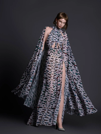 Shop Hussein Bazaza Sleeveless Cutout Print Gown