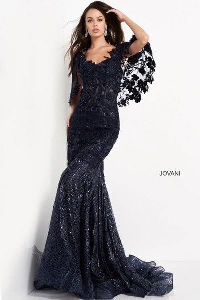 Shop Jovani Lace Cape Sleeve Floral Embroidered Gown