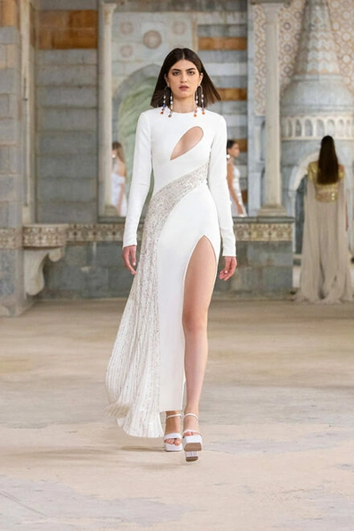 Shop Georges Hobeika White Long Sleeve Midi Dress