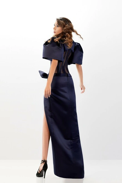 Shop Abdo Aoude Couture Navy Puff Sleeve Gown