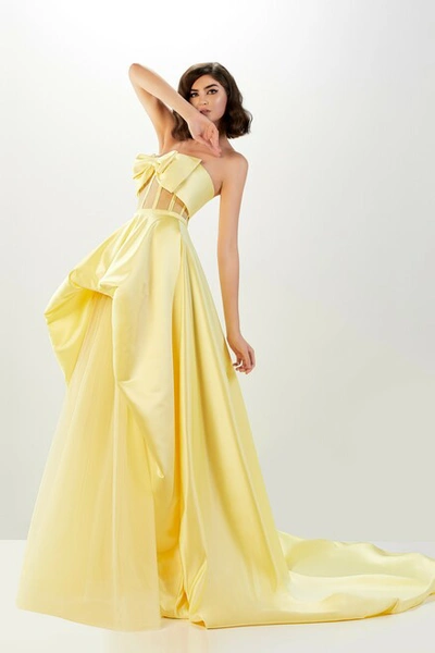 Shop Abdo Aoude Couture Yellow Strapless Bow Gown