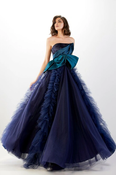 Shop Abdo Aoude Couture Strapless Navy Gown