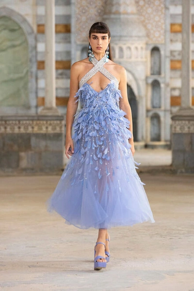 Shop Georges Hobeika Blue Beaded Tulle Midi Dress
