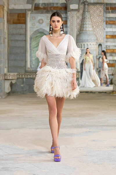 GEORGES HOBEIKA SHORT BEADED & FEATHERED DRESS GH22SDRTW08SD-12