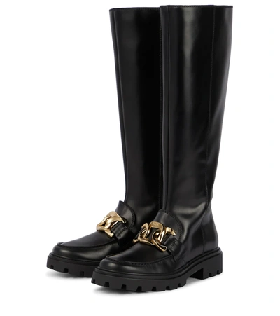 Shop Tod's Catena Leather Knee-high Boots In Nero