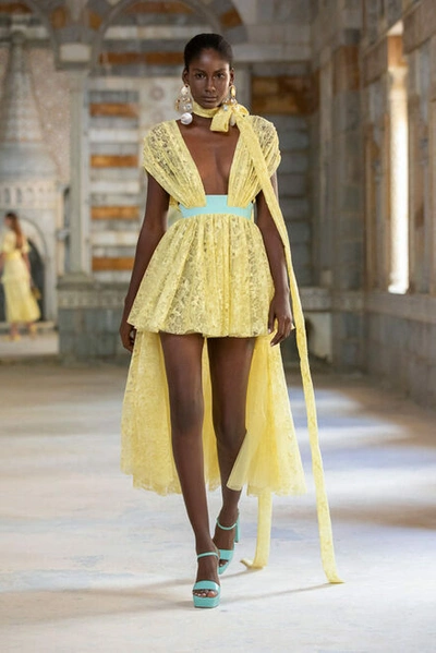 Shop Georges Hobeika Yellow Lace Dress With Overskirt