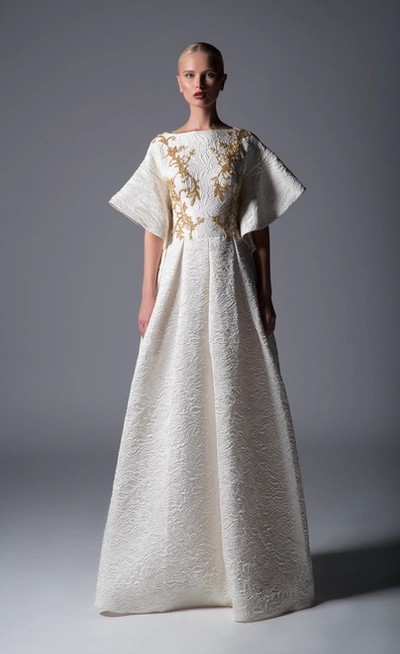 Shop Divina By Edward Arsouni Short Sleeve Boat Embroidered Gown