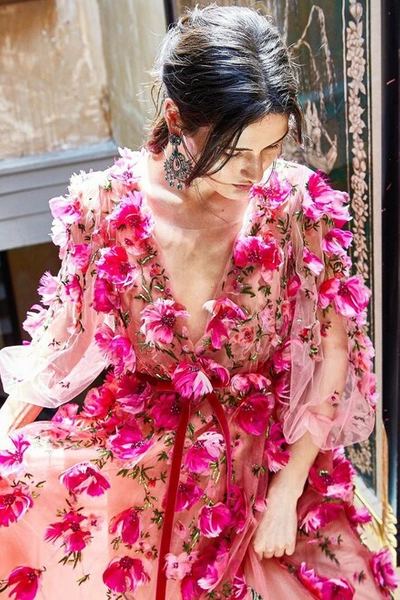 Shop Marchesa Embellished V-neck Floral Gown