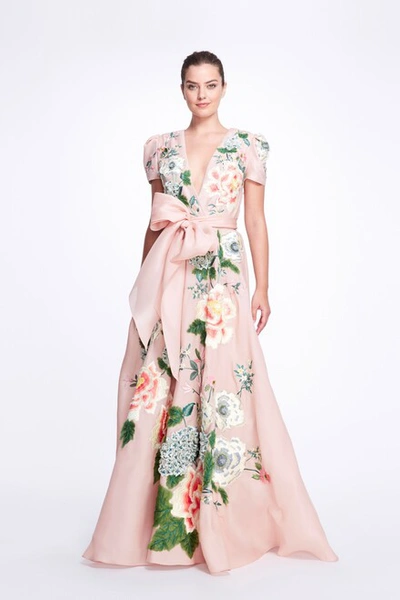Shop Marchesa V-neckline Silk Gazar A-line Gown
