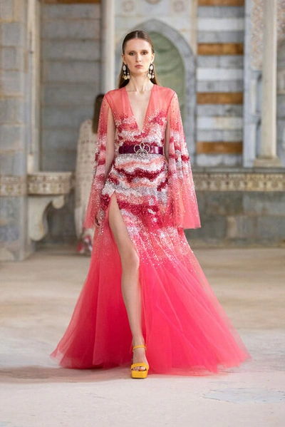 Shop Georges Hobeika Beaded Tulle Gown With Cape