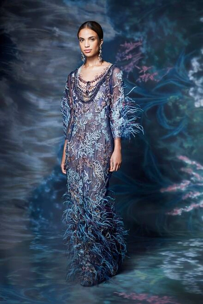 Shop Marchesa Scoop Neck Feathered Sequined Gown