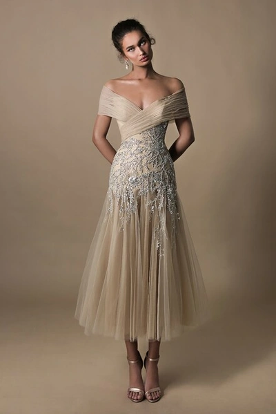 Shop Tarik Ediz Lana Off Shoulder Tulle Embroidered Dress