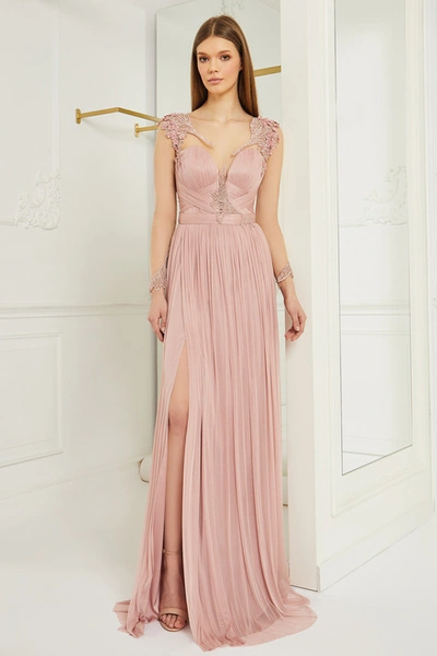 Cristallini Long -sleeve Pleated Slit Gown In Pink | ModeSens