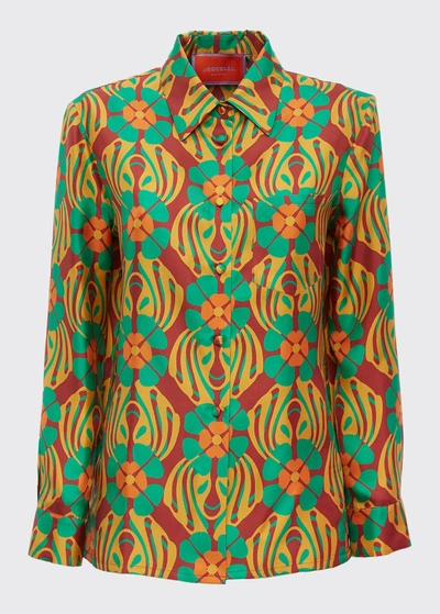 Shop La Doublej Boy Abstract Clover-print Silk Shirt